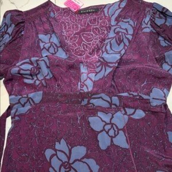 Black Halo | Silk Tunic Style Women’s Purple Floral Print Wrap Blouse Top Size M - Picture 5 of 16